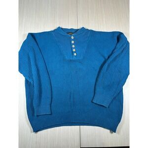 Vintage Eddie Bauer Sweater Mens Large Blue Cotton Knit Henley Neck Outdoor